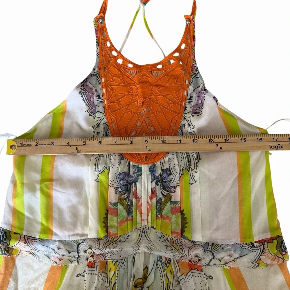 Roberto Cavalli Silk Halter Dress US 6/ 42 Mixed Print Crochet Bib Euro-Summer